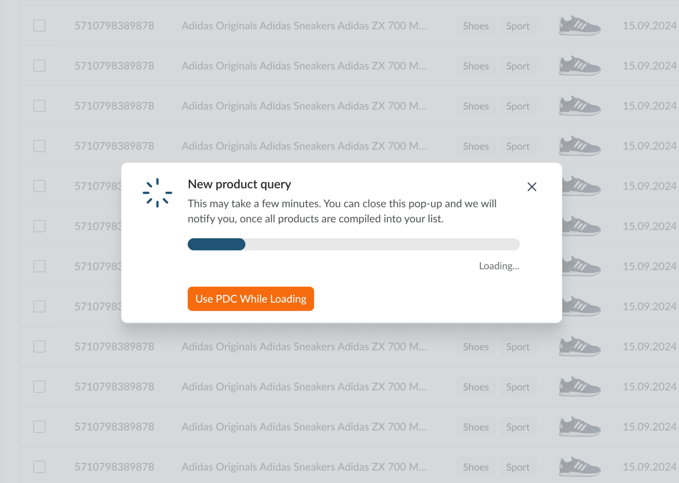 Example view of the PDC dashboard with a query loading